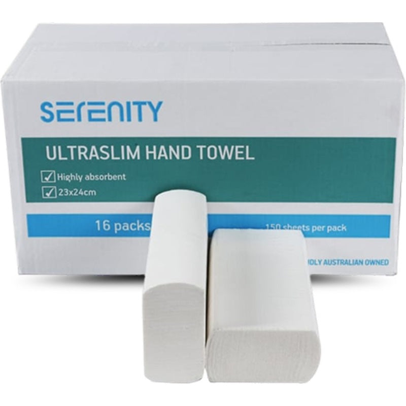 Carton of 16 Serenity Hand Towel 23 x 24cm Ultra Slim 150 Sheets Per Pack
