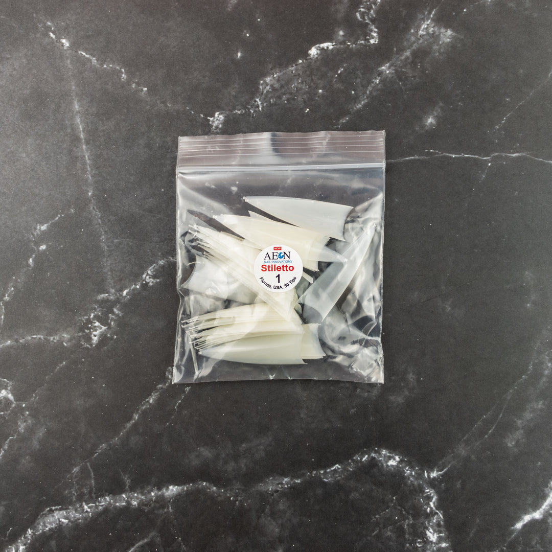 AEON Stiletto Natural Nail Tips Sizes 0-10 - 50pcs/pack