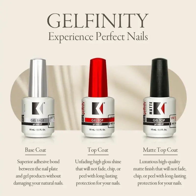 KUPA Gelfinity Base Coat &amp; Glossy Top Coat &amp; Matte Top Coat Trio Set, No-Wipe, Long-Lasting Soak-Off Formula, Chip-Resistant, UV/LED Gel Polish, 3*0.5Oz