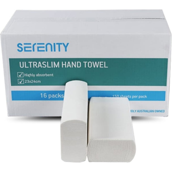 Carton of 16 Serenity Hand Towel 23 x 24cm Ultra Slim 150 Sheets Per Pack
