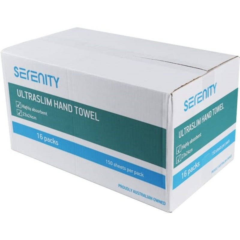 Carton of 16 Serenity Hand Towel 23 x 24cm Ultra Slim 150 Sheets Per Pack