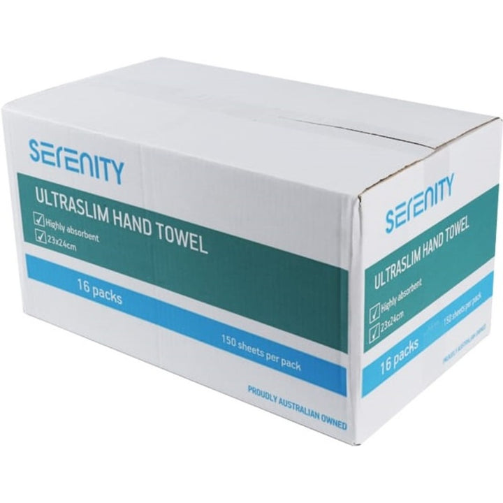 Carton of 16 Serenity Hand Towel 23 x 24cm Ultra Slim 150 Sheets Per Pack